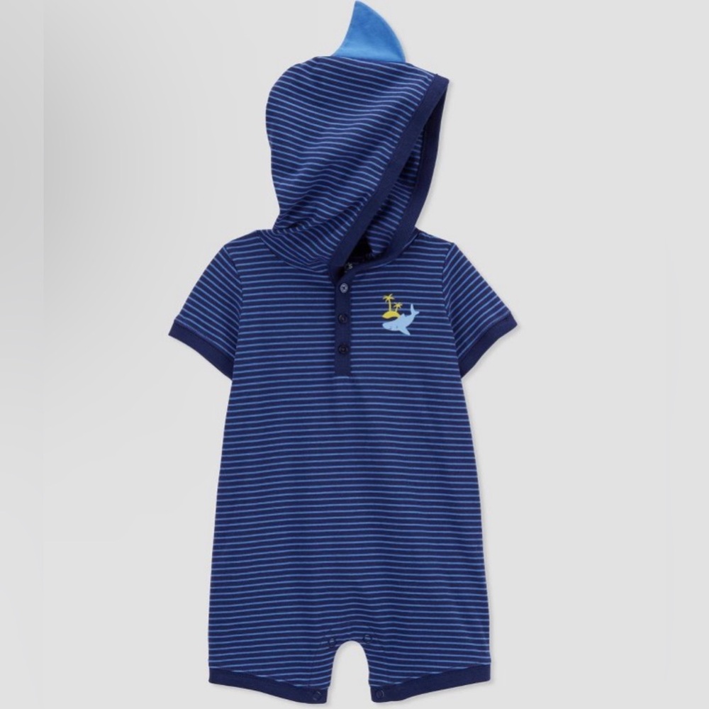 Carter's Baby Boy Just-One-You Navy Striped Shark Hooded Romper. Size 18M. NWT!